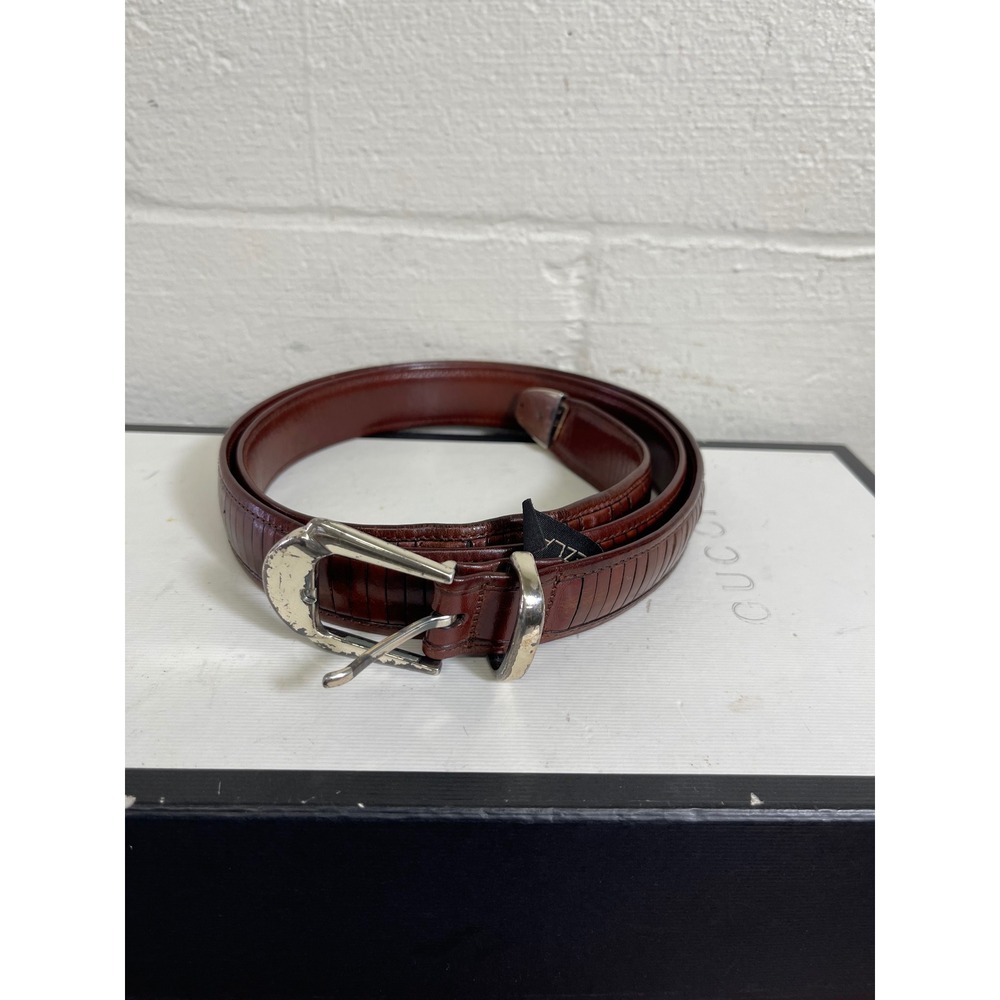 Mezlan Brown Ribbed Leather‎ Dress Belt Silver Buckle Men's 42 Made In Spain